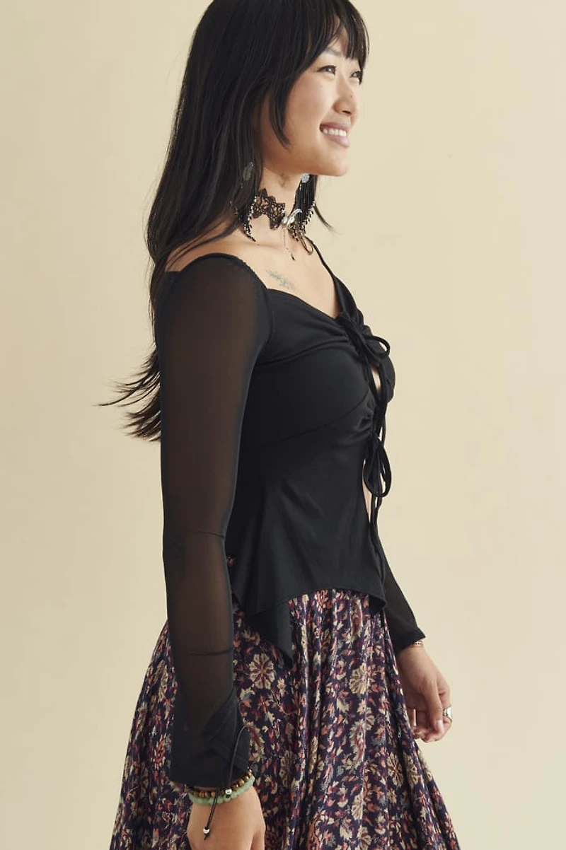 Black Front Tie Mesh Sleeve Cropped Shirt