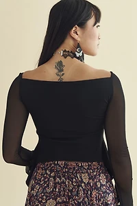 Black Front Tie Mesh Sleeve Cropped Shirt