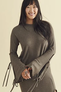 Moss Ribbed Bow Bell Sleeve Top