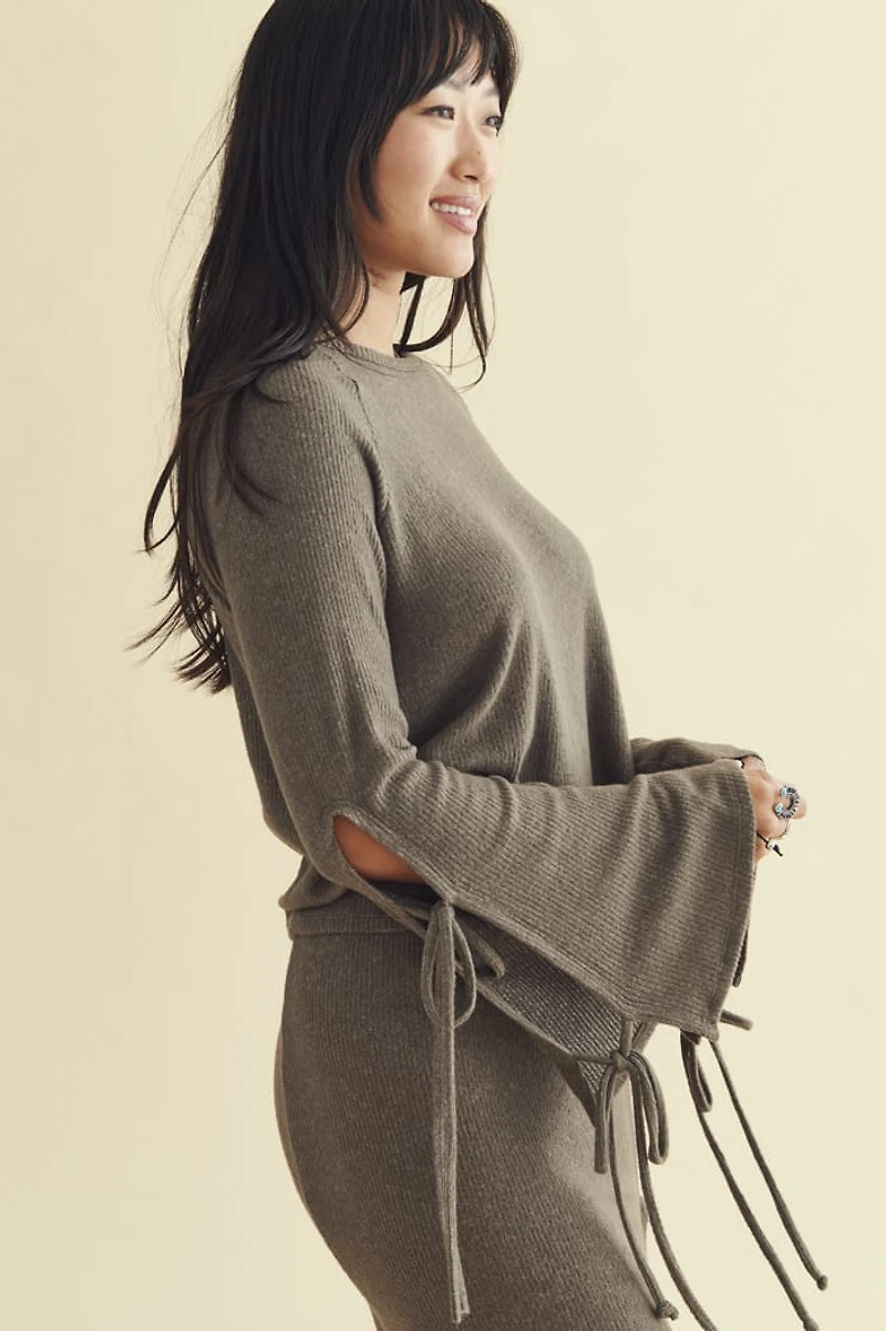 Moss Ribbed Bow Bell Sleeve Top
