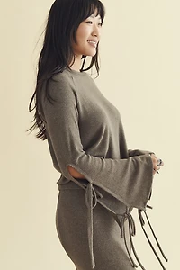 Moss Ribbed Bow Bell Sleeve Top