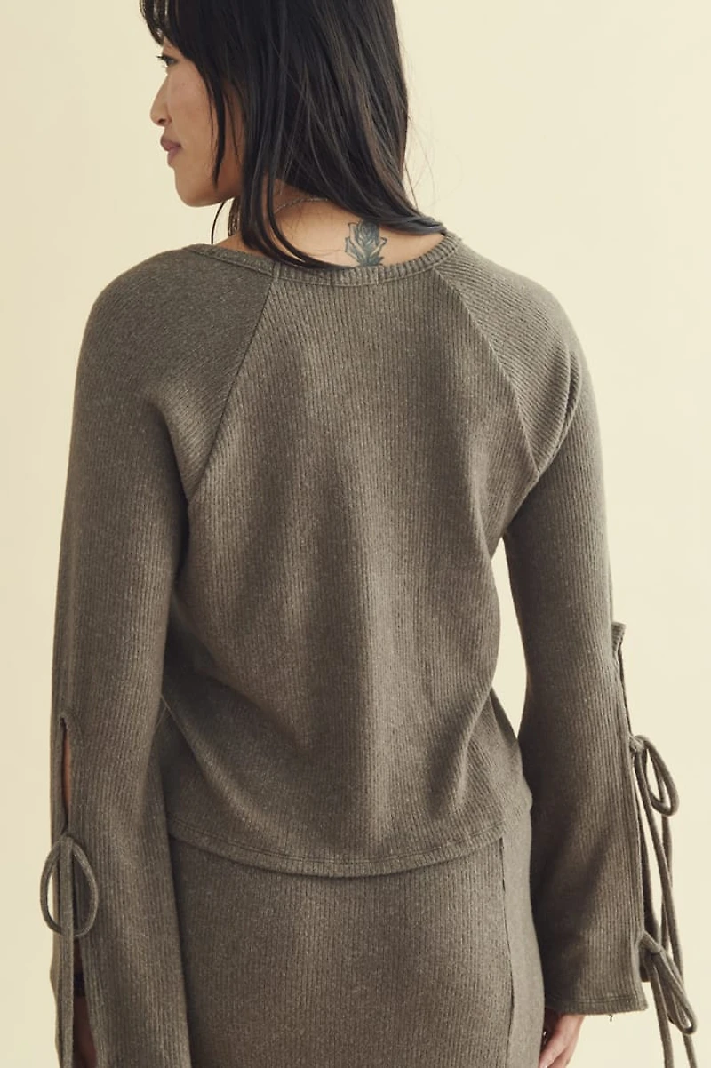 Moss Ribbed Bow Bell Sleeve Top