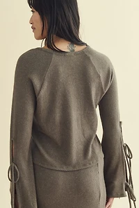 Moss Ribbed Bow Bell Sleeve Top