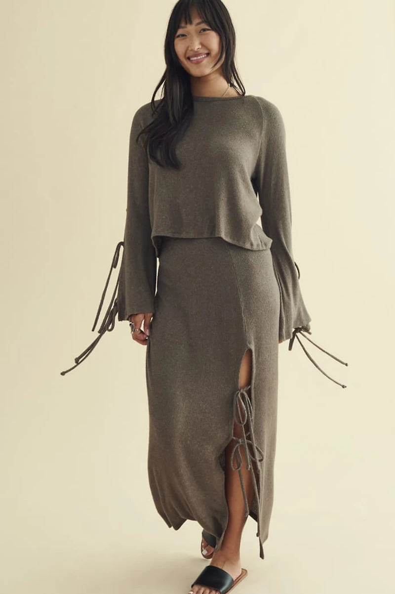 Moss Ribbed Bow Bell Sleeve Top