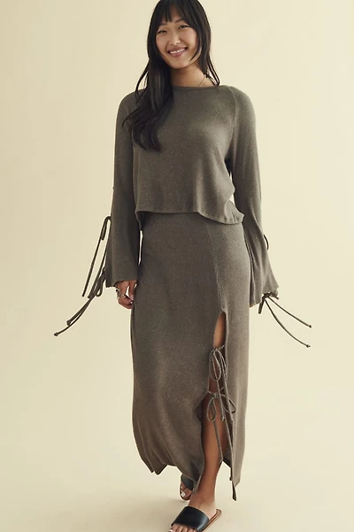 Moss Ribbed Tie Slit Maxi Skirt