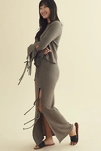 Moss Ribbed Tie Slit Maxi Skirt