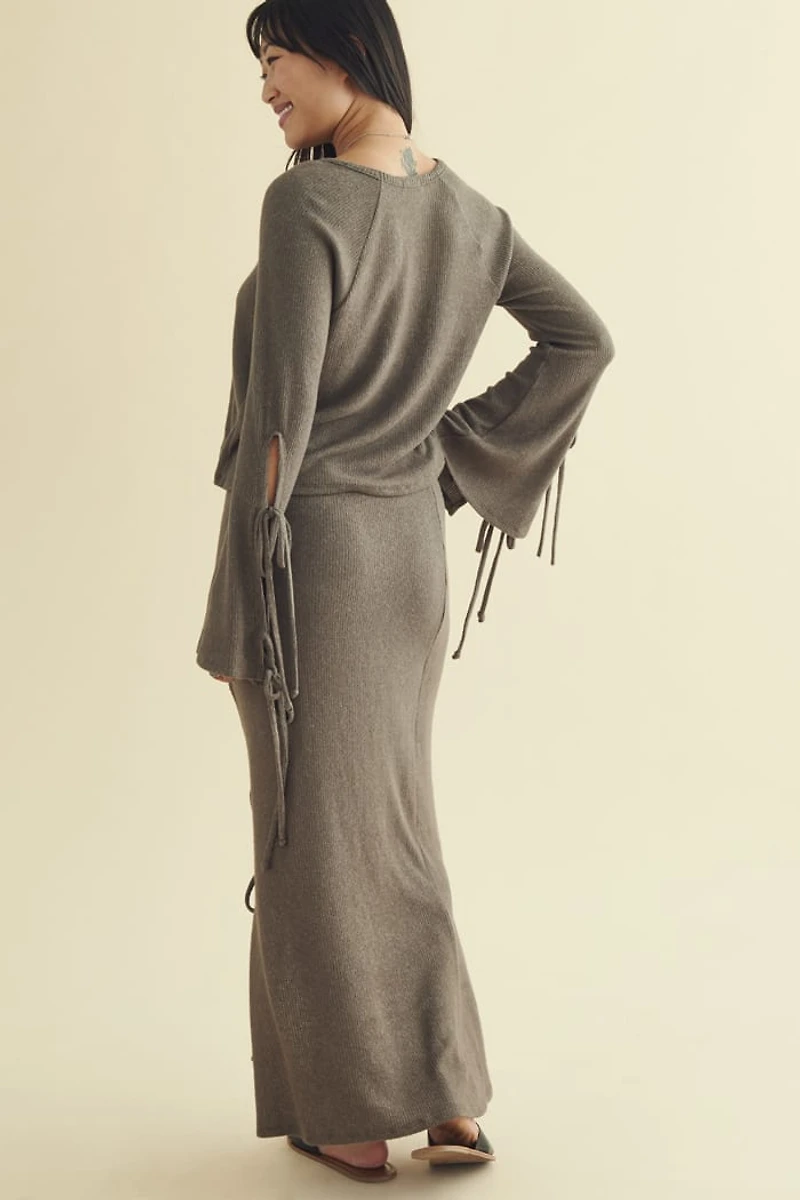Moss Ribbed Tie Slit Maxi Skirt