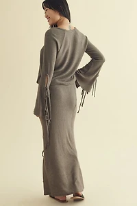 Moss Ribbed Tie Slit Maxi Skirt