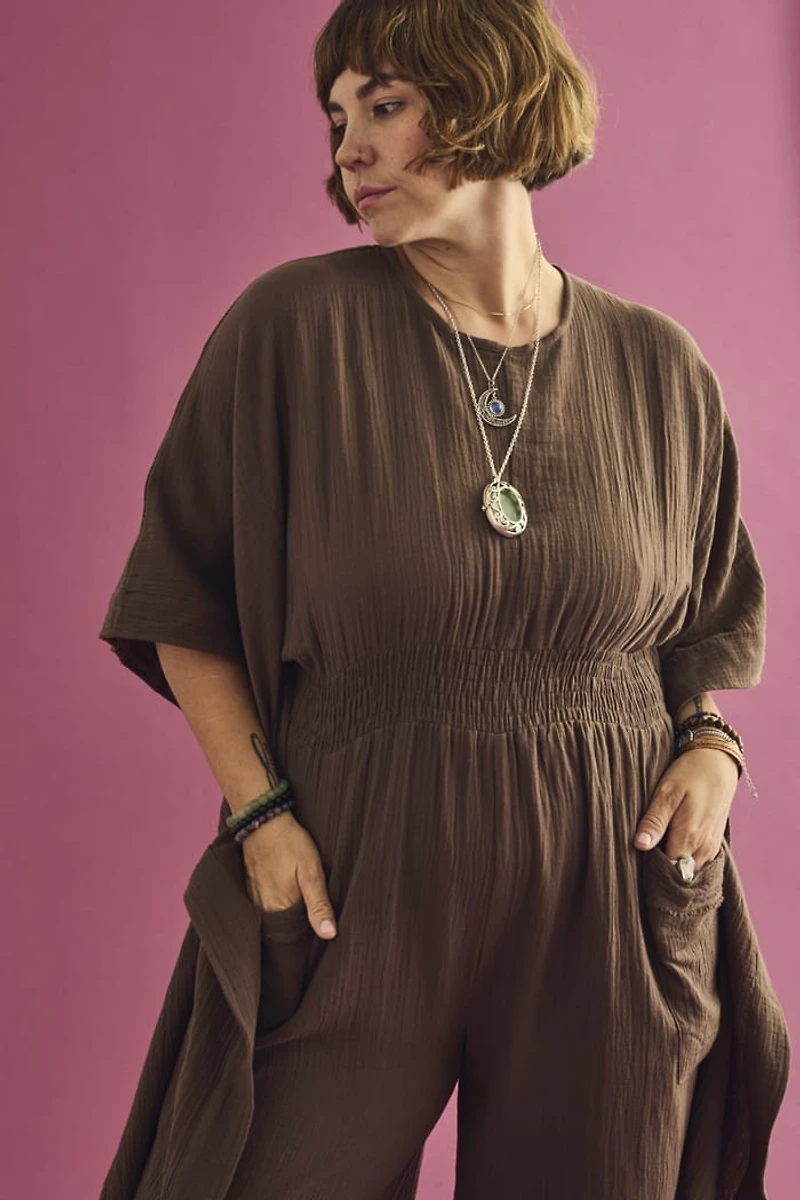 Buy Brown Gauze Pocket Jumpsuit