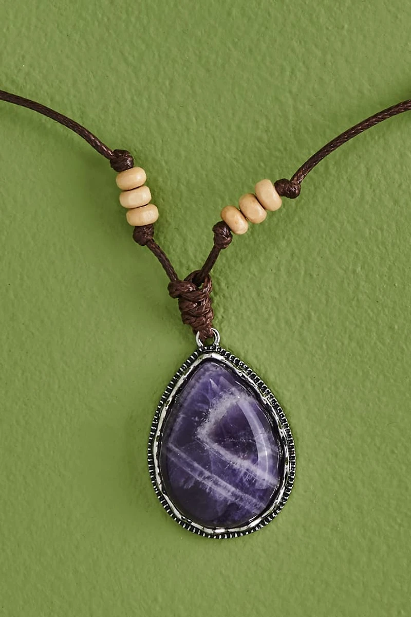 Amethyst Teardrop Wood Bead Necklace