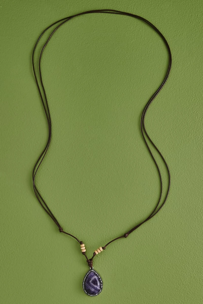 Amethyst Teardrop Wood Bead Necklace