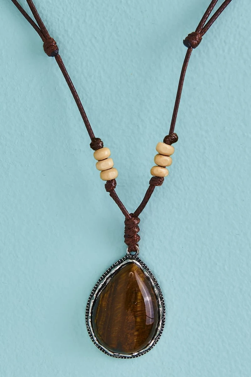 Tiger’s Eye Teardrop Wood Bead Necklace