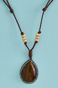 Tiger’s Eye Teardrop Wood Bead Necklace