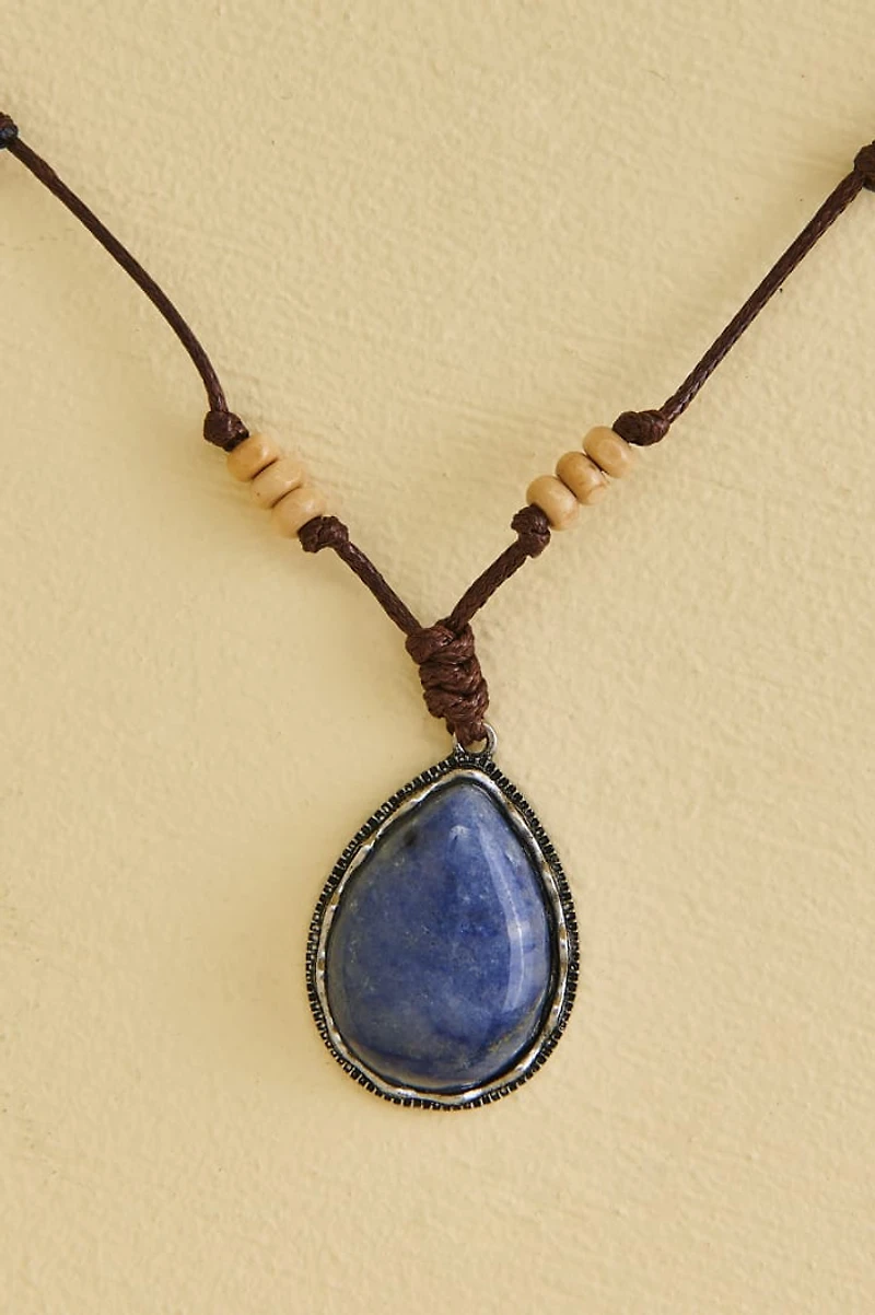 Blue Aventurine Teardrop Brown Corded Necklace