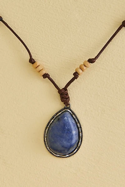 Blue Aventurine Teardrop Brown Corded Necklace