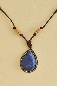 Blue Aventurine Teardrop Brown Corded Necklace