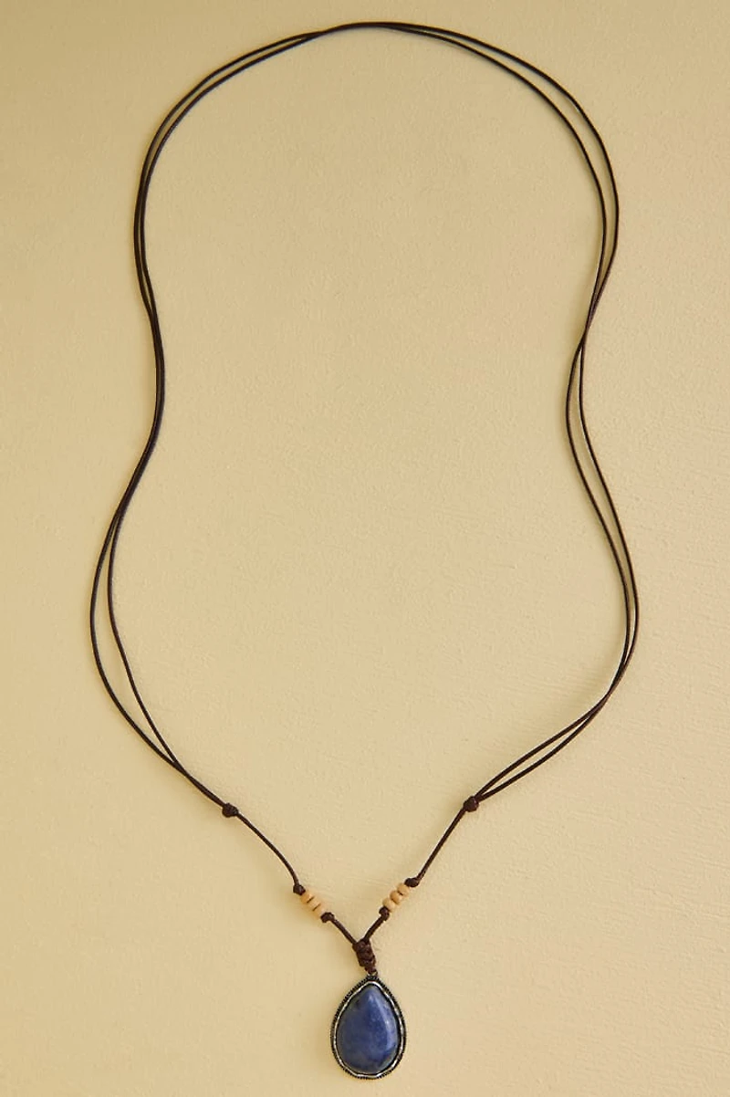 Blue Aventurine Teardrop Brown Corded Necklace