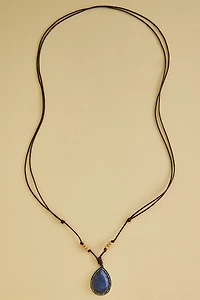 Blue Aventurine Teardrop Brown Corded Necklace