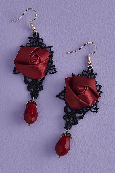 Red Rose Satin Teardrop Earrings