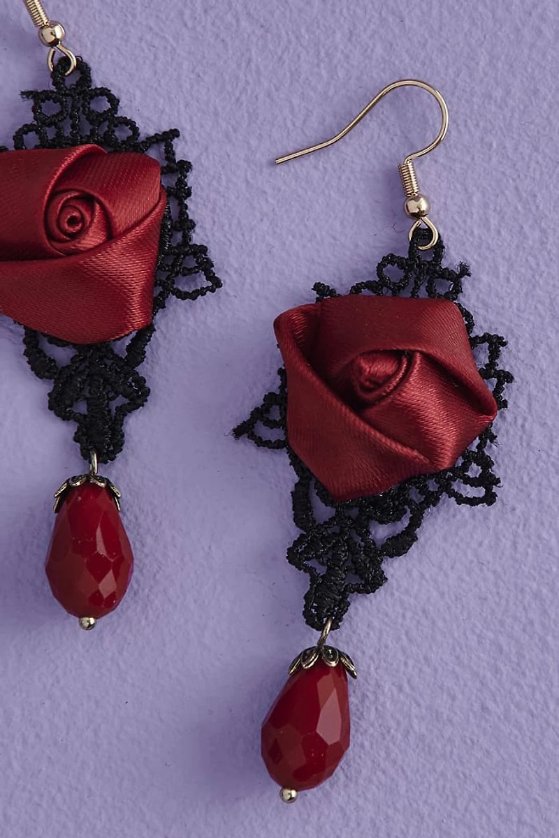 Red Rose Satin Teardrop Earrings