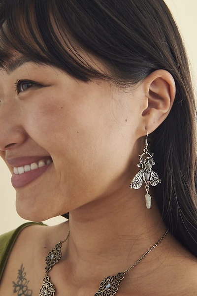Multi Stone Silver Metal Moth Earrings
