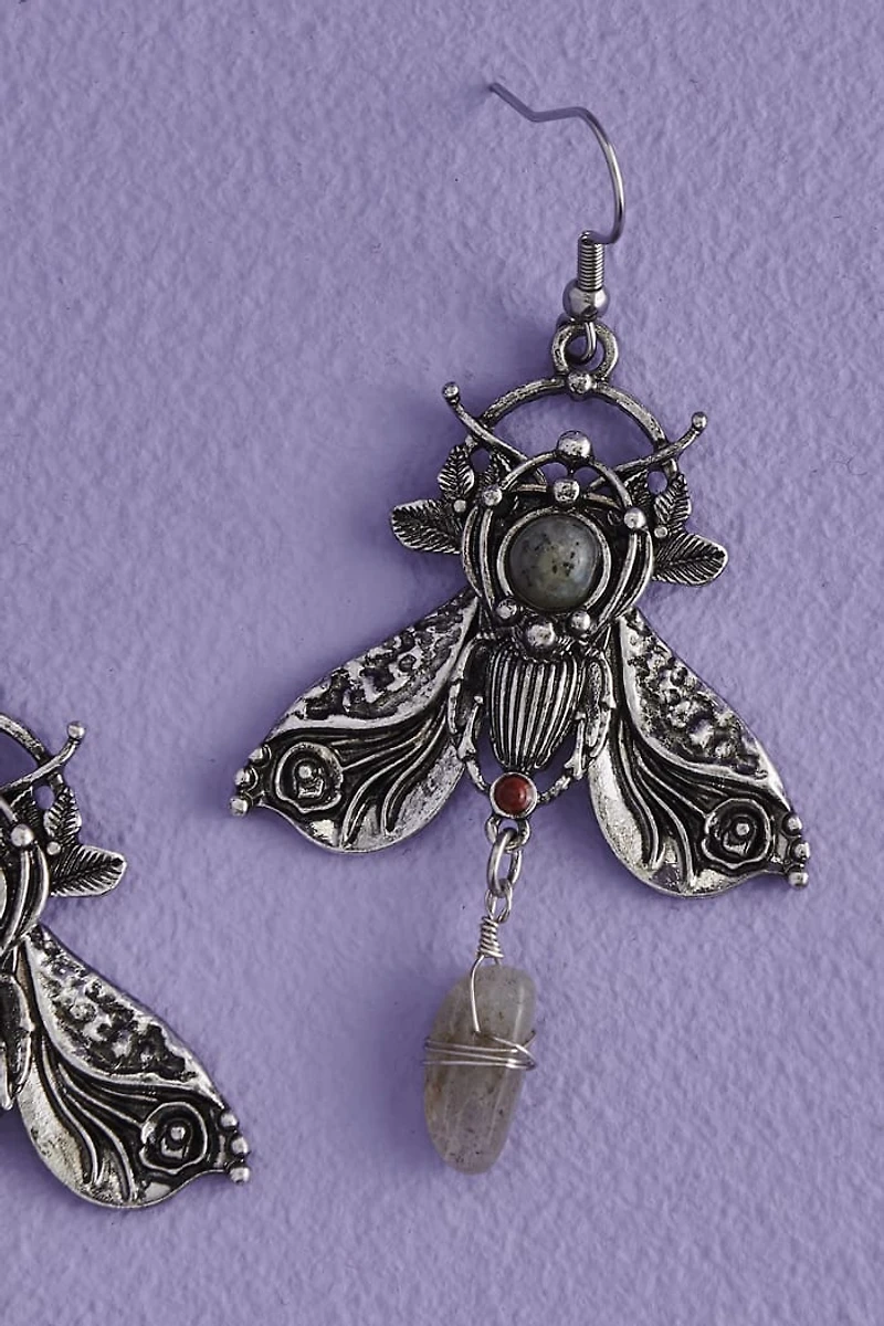Multi Stone Silver Metal Moth Earrings