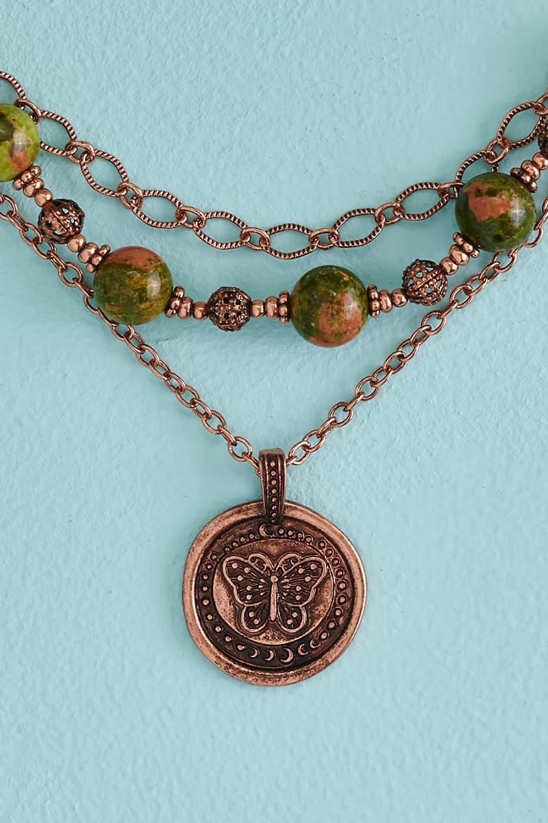 Unakite Fabric Butterfly Coin Layered Necklace