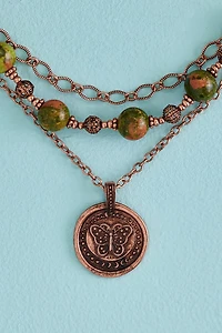 Unakite Fabric Butterfly Coin Layered Necklace