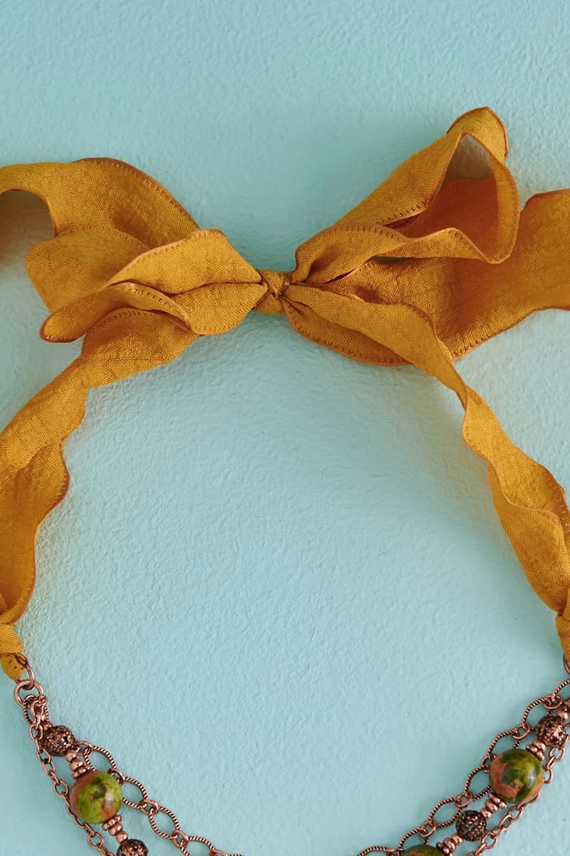 Unakite Fabric Butterfly Coin Layered Necklace