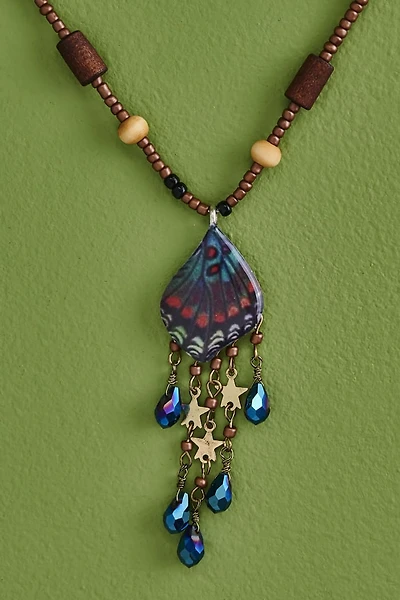 Blue Faux Butterfly Wing Beaded Necklace