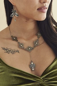 Opalite Antique Gold Filigree Lariat Necklace