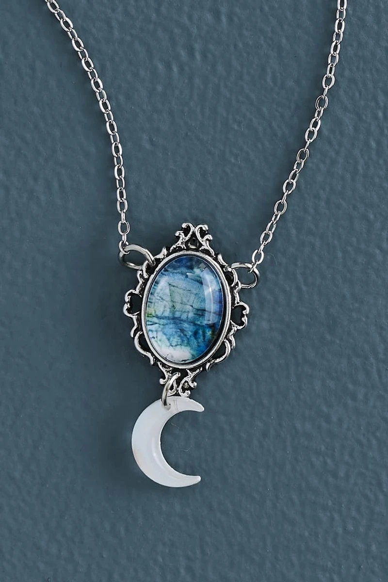 Antique Blue Faux Stone Moon Necklace