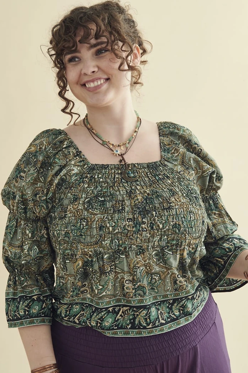 Green Paisley Milkmaid Shirred Top