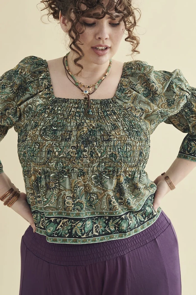 Green Paisley Milkmaid Shirred Top