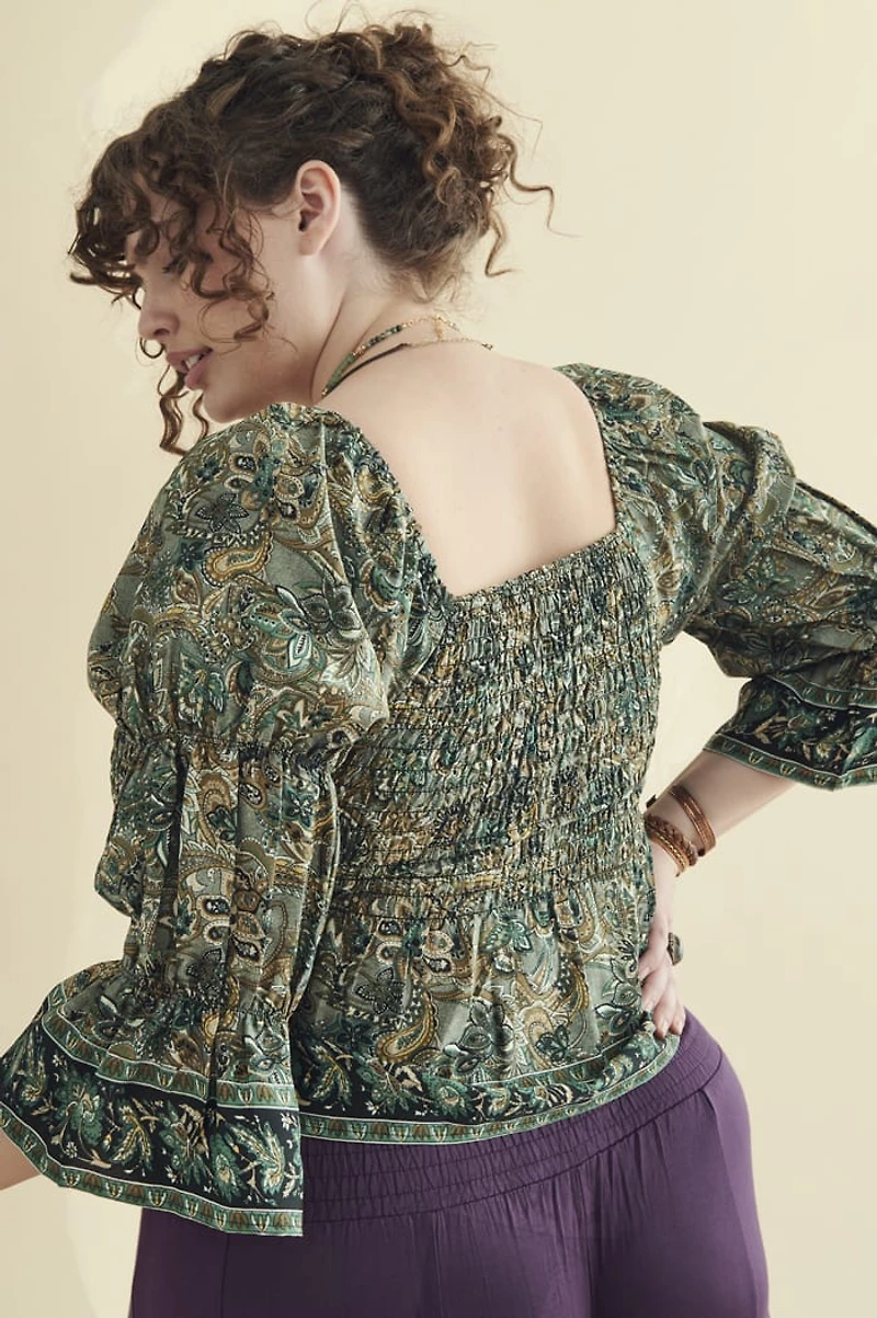 Green Paisley Milkmaid Shirred Top