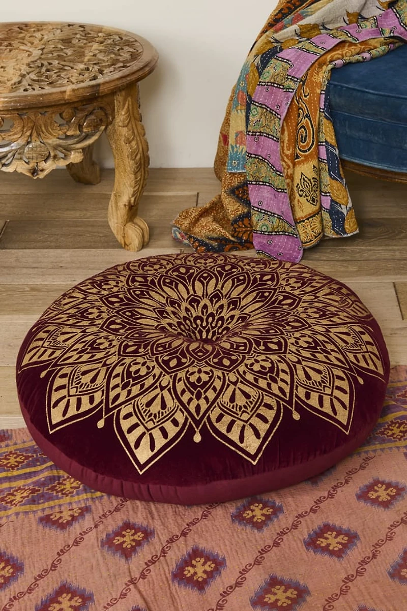 Burgundy Velvet Mandala Meditation Pouf