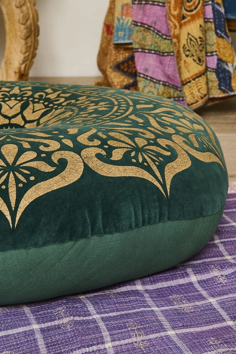Emerald Velvet Mandala Meditation Pouf