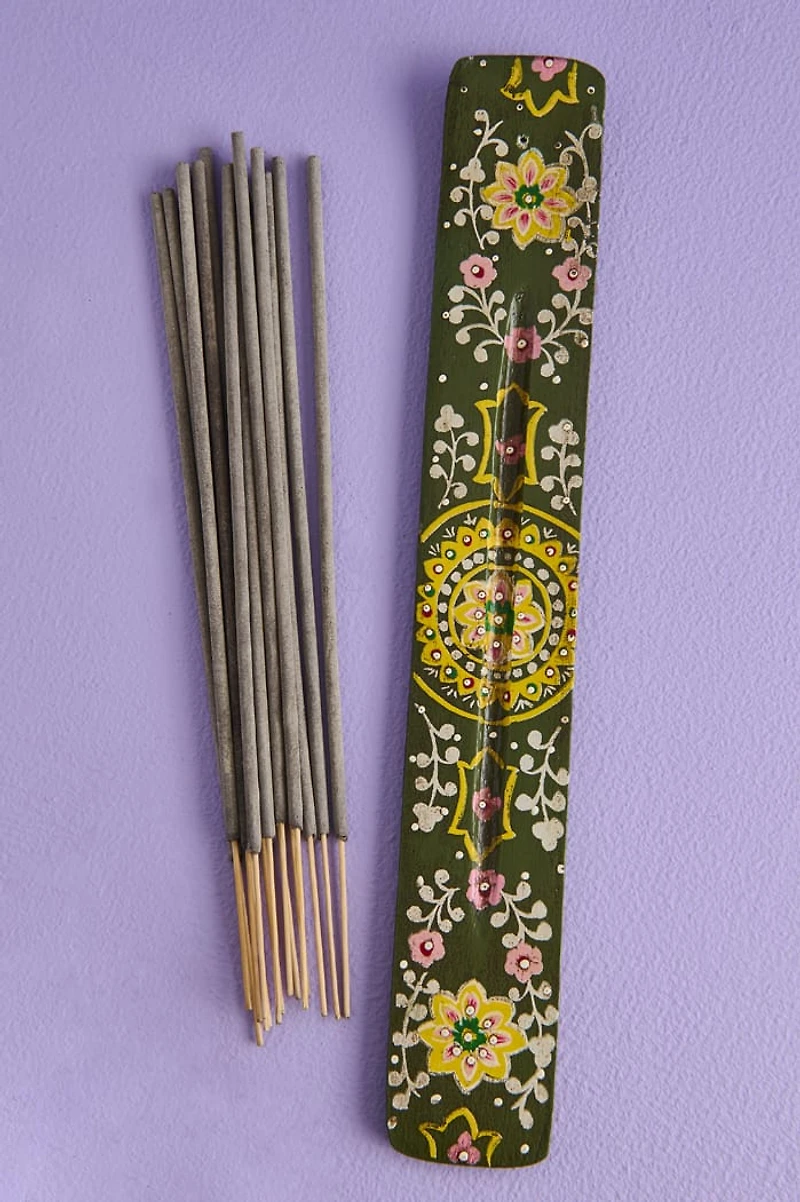 Hand-Painted Green Floral Mandala Flat Incense Burner