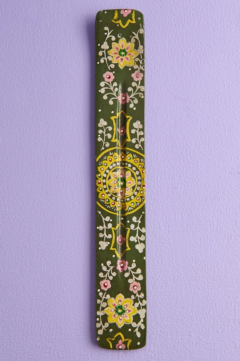 Hand-Painted Green Floral Mandala Flat Incense Burner