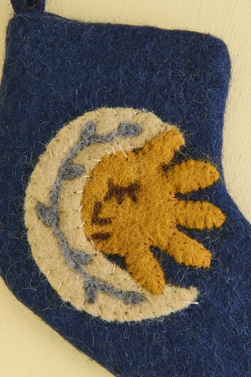 Navy Sun and Moon Felted Wool Mini Stocking
