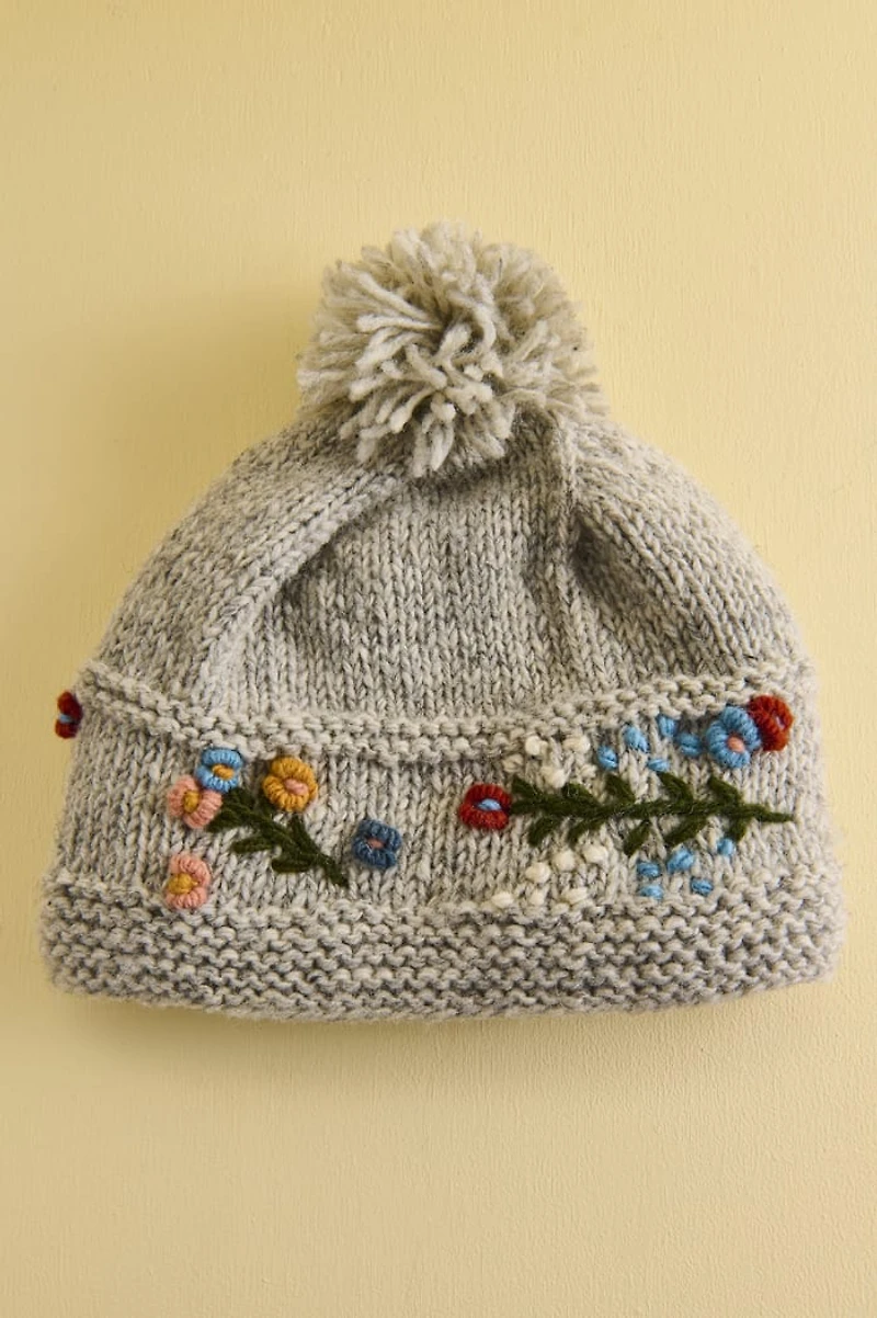 Grey Embroidered Flower Wool Pom Beanie