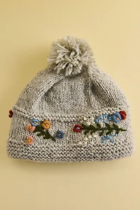 Grey Embroidered Flower Wool Pom Beanie