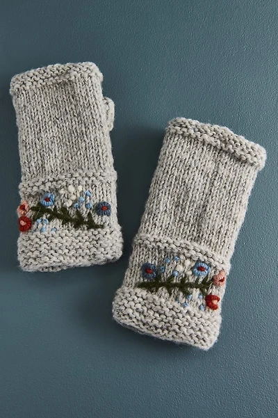 Grey Embroidered Flower Wool Open Mittens