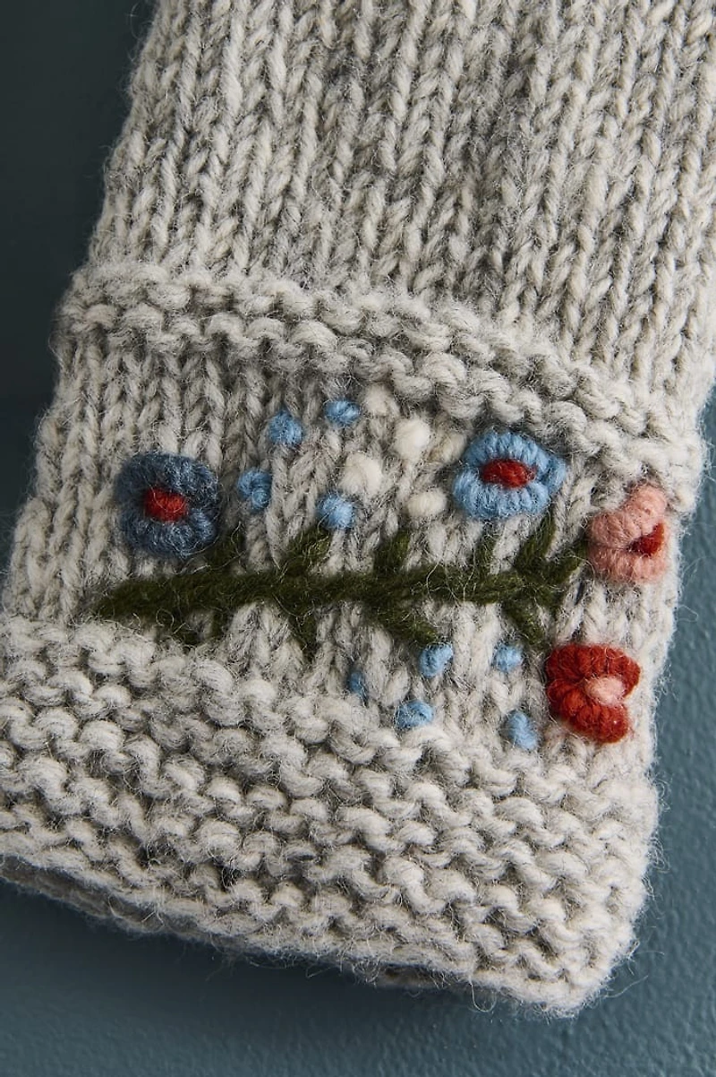Grey Embroidered Flower Wool Open Mittens
