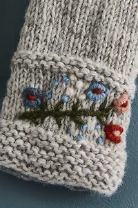 Grey Embroidered Flower Wool Open Mittens