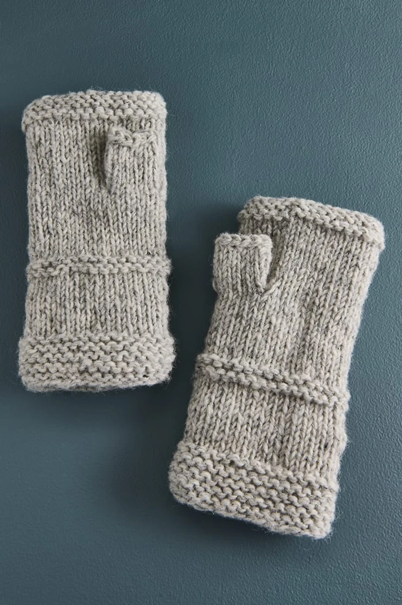 Grey Embroidered Flower Wool Open Mittens