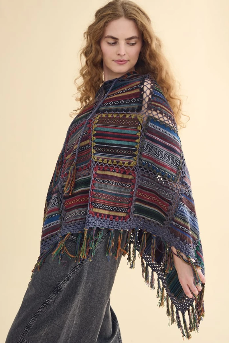 Jacquard Patchwork Fringe Hooded Poncho