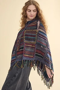Jacquard Patchwork Fringe Hooded Poncho
