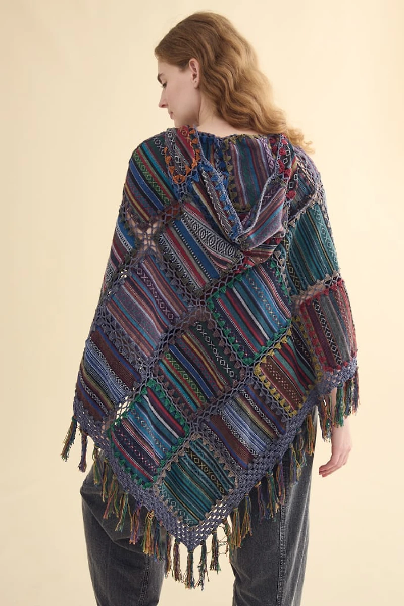 Jacquard Patchwork Fringe Hooded Poncho