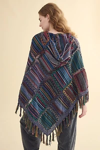 Jacquard Patchwork Fringe Hooded Poncho